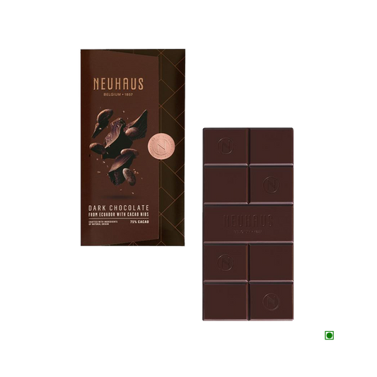 A Neuhaus Dark Nibs 70% Cocoa Bar 100g with a box next to it.
