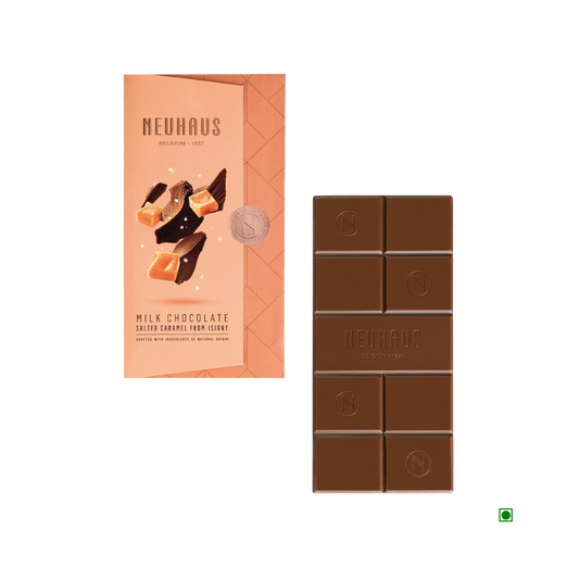 A Neuhaus Salted Caramel Milk Bar 100g with a label on it.