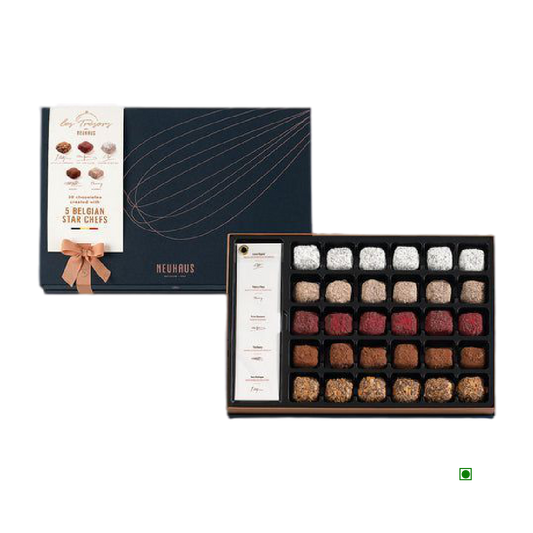 An assortment of Neuhaus Les Tresors 300g chocolates in a box.