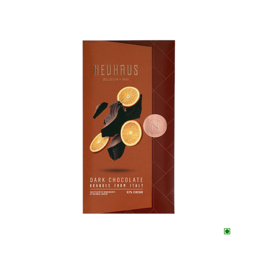 A Neuhaus Dark Orange 100g Bar chocolate with orange slices and a coin.