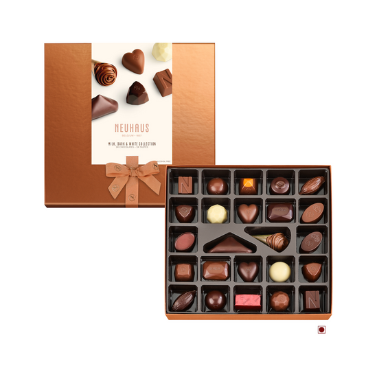 Unveil the beautifully designed gold gift box to find an enticing collection of Neuhaus Milk, Dark & White chocolates. This 24-piece assortment offers a delightful mix of shapes and flavors, with each praline promising its own unique taste journey, making it ideal for any occasion.