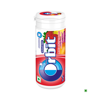 A can of Orbit Tube Fruit 22g chewing gum on a white background.