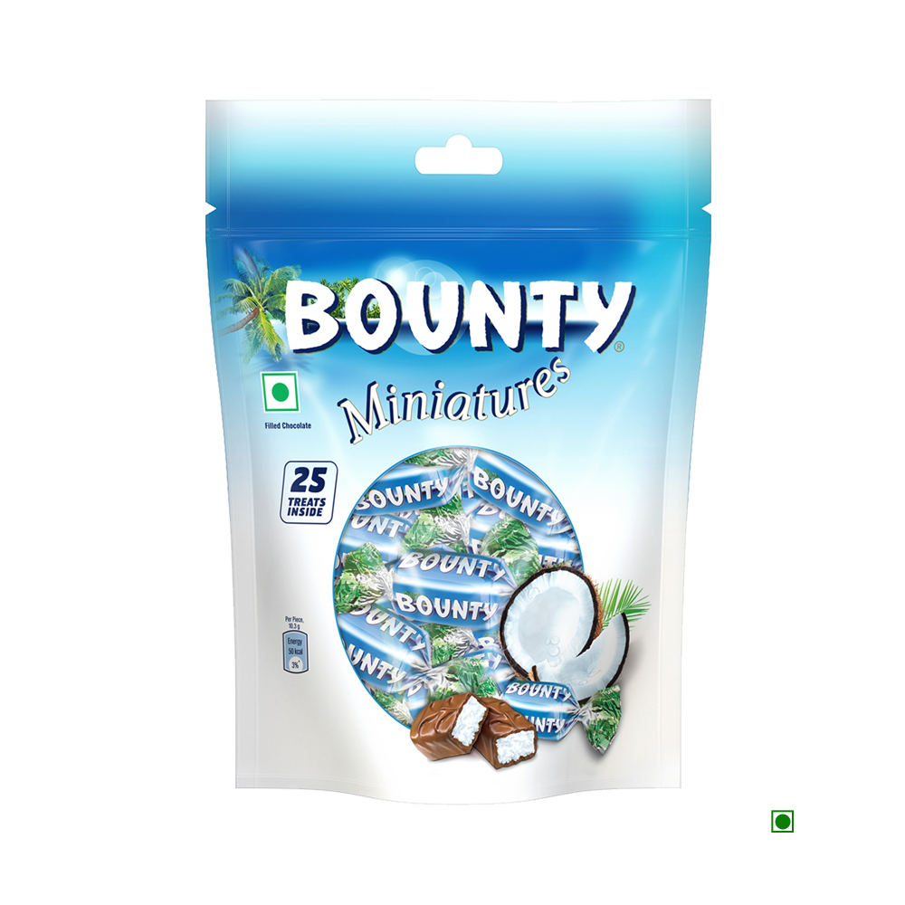 Bounty Miniature 250g in a bag. Satisfy your sweet tooth with these irresistible bite-sized treats made with luscious coconut and covered in rich Bounty Milk Chocolate. Perfect for chocolate lovers.