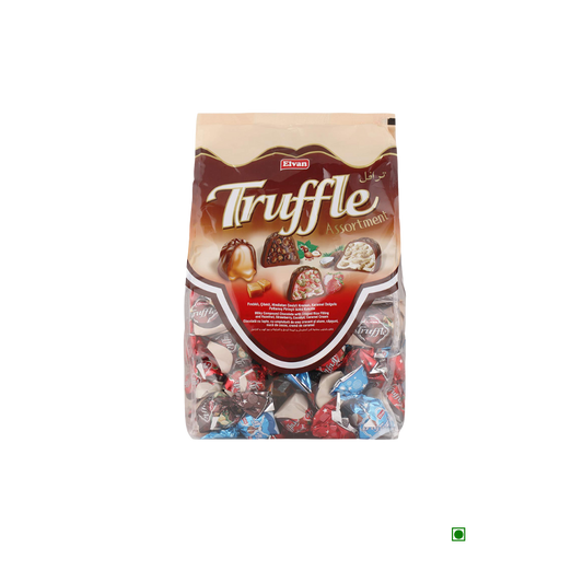Enjoy a bag of Elvan Truffle Quadro Assorted chocolates, featuring rich flavors like orange and caramel with hints of nuts for added crunch, each offering a delightful chocolate experience.