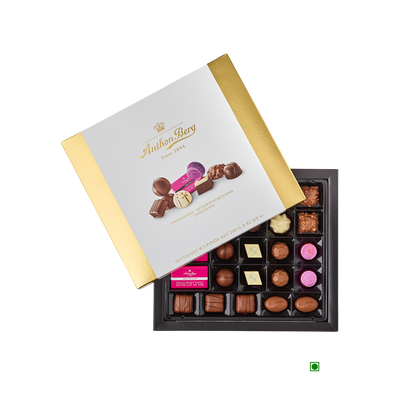 An assortment of Anthon Berg Signatures Giftbox 250g chocolates in a box.