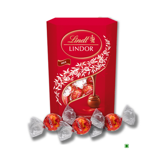 A red box of Lindt's Lindor Chocolate Cornet Milk 337g, crafted by Master Chocolatiers, displayed with five individually wrapped truffles in front.