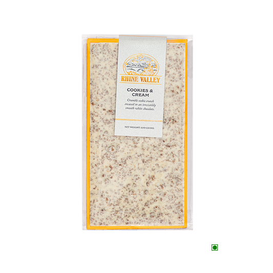 A package of Rhine Valley Cookies & Cream 100g with a label on it.