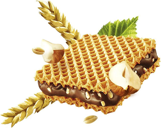 The Ferrero Mini Hanuta T19 200g features hazelnut chocolate wafers filled with rich chocolate, surrounded by hazelnuts and wheat stalks, offering a taste reminiscent of crispy German wafers.