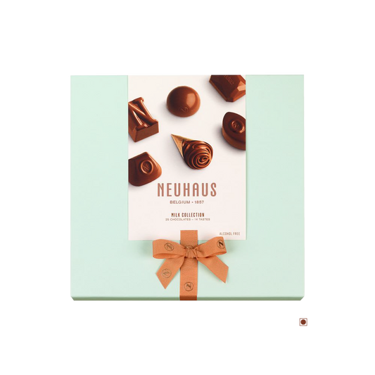 A Neuhaus Milk Collection 24pc 265g box of chocolates with a bow on it.