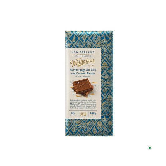 A Whittakers Marlborough Sea Salt & Caramel Bar 100g from New Zealand with a pattern on it, flavored with Marlborough Sea Salt & Caramel Brittle.