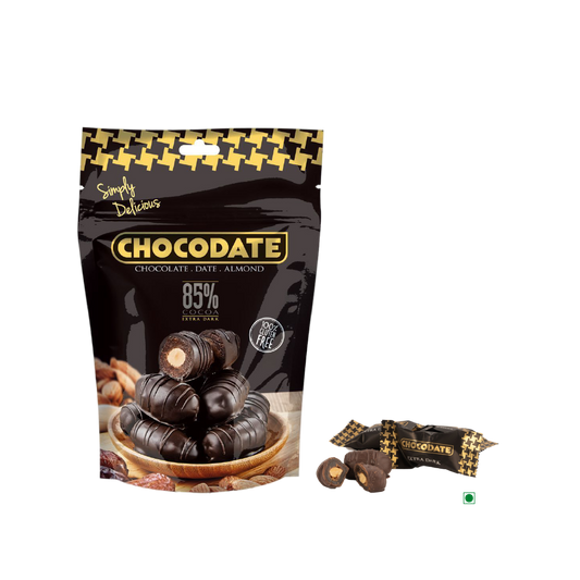 A bag of Chocodate Exclusive Real Extra Dark Pouch 250g and Chocodate next to each other, packed with delectable nuts.