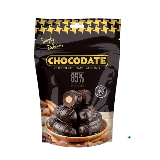 A bag of Chocodate Exclusive Real Extra Dark Pouch 250g, a delicious blend of dates and nuts coated in dark chocolate.
