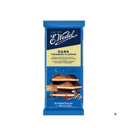 A Wedel Dark Chocolate With Tiramisu Filling Bar 100g with a Wedel bar of chocolate on it.