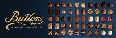 Butterers's chocolates are displayed on a blue background.