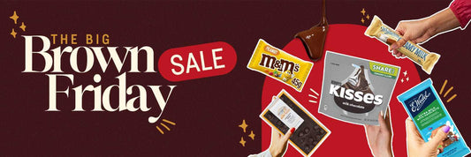 Brown Friday Sale banner featuring assorted candy bars and chocolate items being held by hands against a red and brown background.