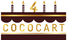 A chocolate-themed birthday cake featuring the number 4 on top and the word "cococartnew.myshopify.com" in golden letters.