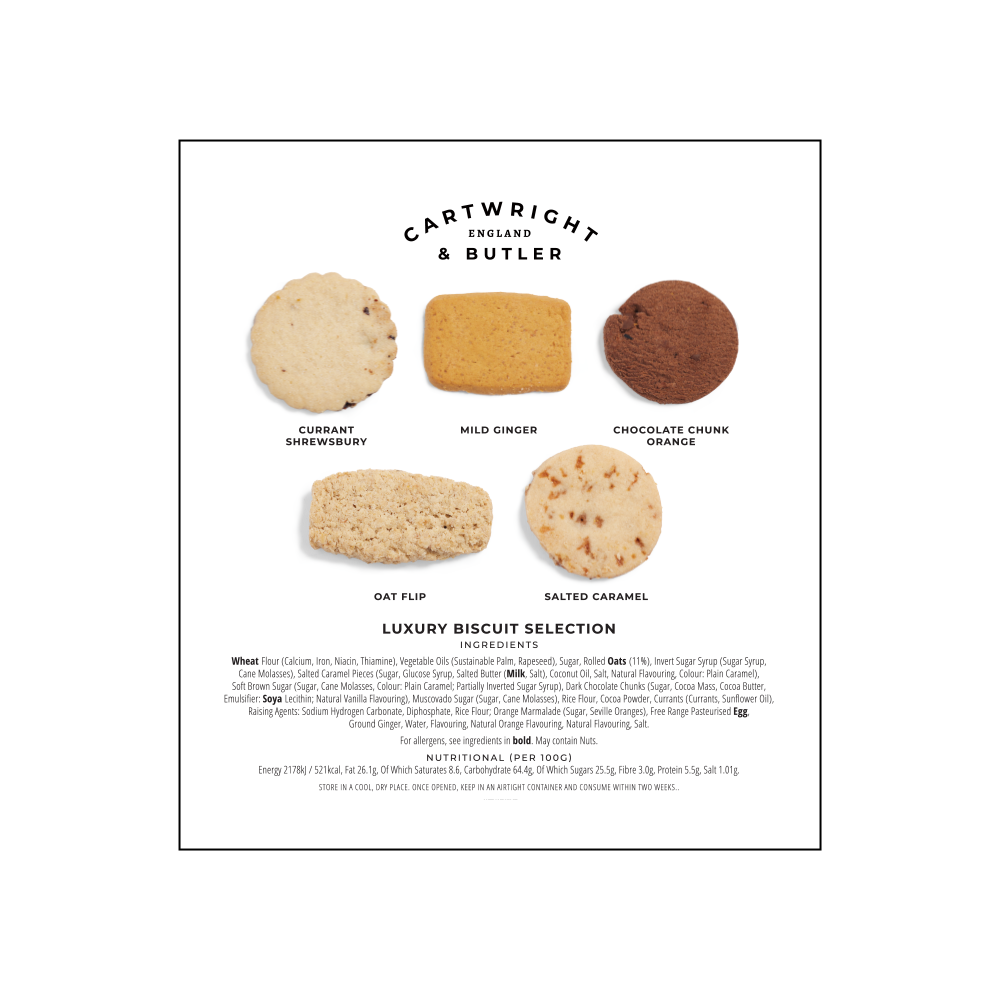 Six Cartwright & Butler Luxury Assorted Biscuits including shortbread fingers and chocolate chunks, displayed against a white background in a biscuit tin, labeled with flavor names and accompanied by ingredient information.