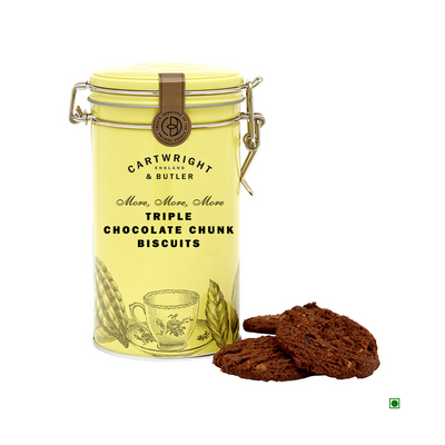 A trio of Cartwright & Butler Triple Chocolate Chunks Biscuits Tin 200g next to a biscuit tin.