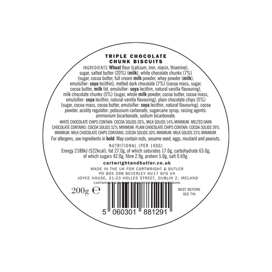 A circular food packaging label for Cartwright & Butler Triple Chocolate Chunks Biscuits Tin 200g, perfect for any chocoholic, showing ingredients, nutritional information, weight (200g), manufacturer details, and a best before date at the bottom.