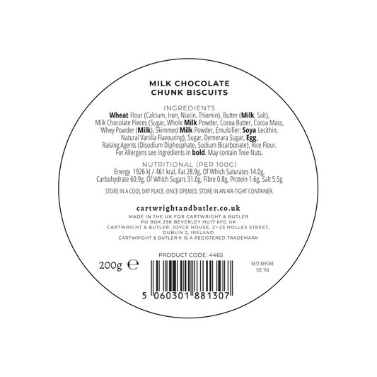 Image of the back label of a package of Cartwright & Butler Milk Chocolate Chunk Biscuits Tin 200g, showing nutritional information and ingredients list.