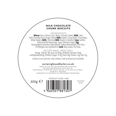 Image of the back label of a package of Cartwright & Butler Milk Chocolate Chunk Biscuits Tin 200g, showing nutritional information and ingredients list.