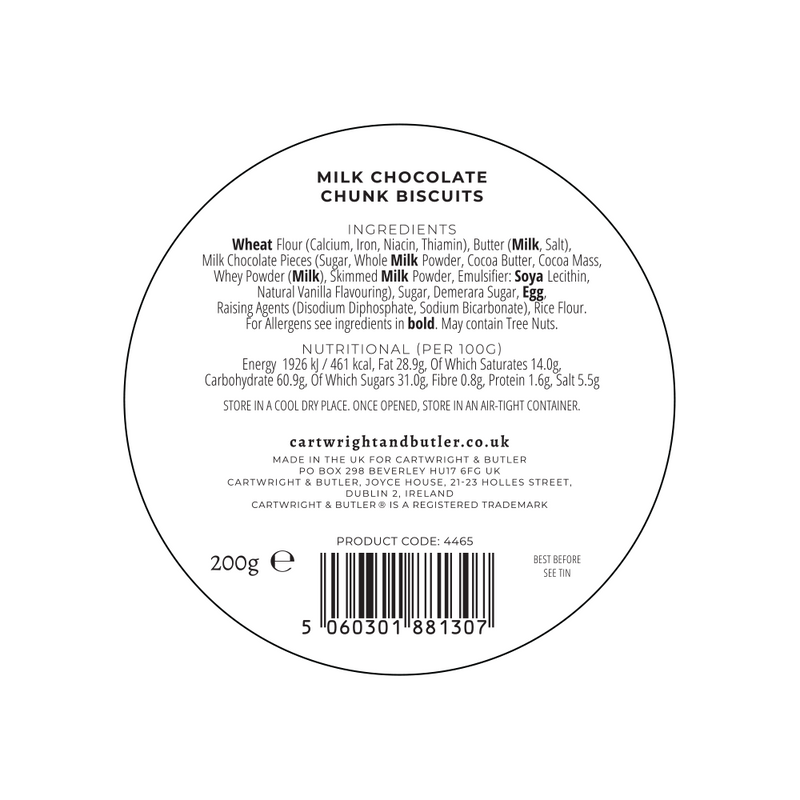 Image of the back label of a package of Cartwright & Butler Milk Chocolate Chunk Biscuits Tin 200g, showing nutritional information and ingredients list.