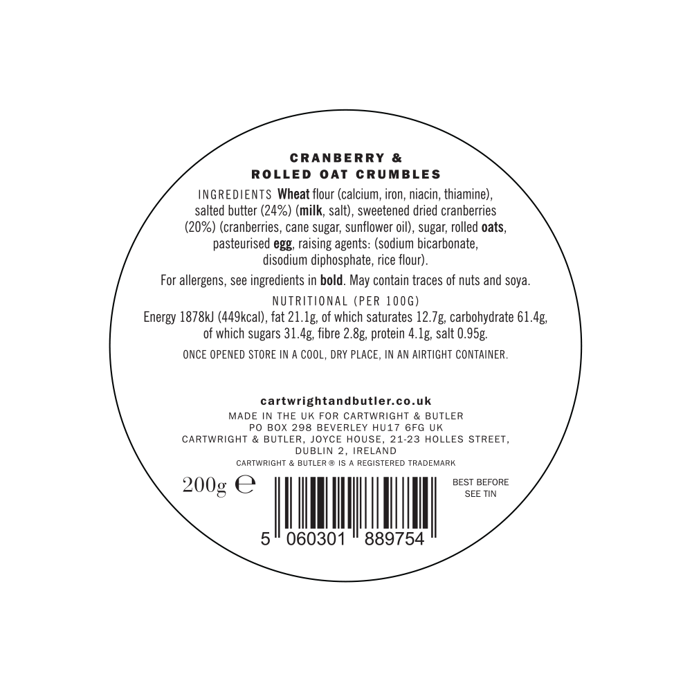 Black and white image of the back label of a Cartwright & Butler Cranberry & Rolled Oats Crumbles Tin 200g packaging showing ingredients, nutritional information, and barcode with cranberry biscuits listed.