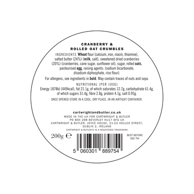 Black and white image of the back label of a Cartwright & Butler Cranberry & Rolled Oats Crumbles Tin 200g packaging showing ingredients, nutritional information, and barcode with cranberry biscuits listed.