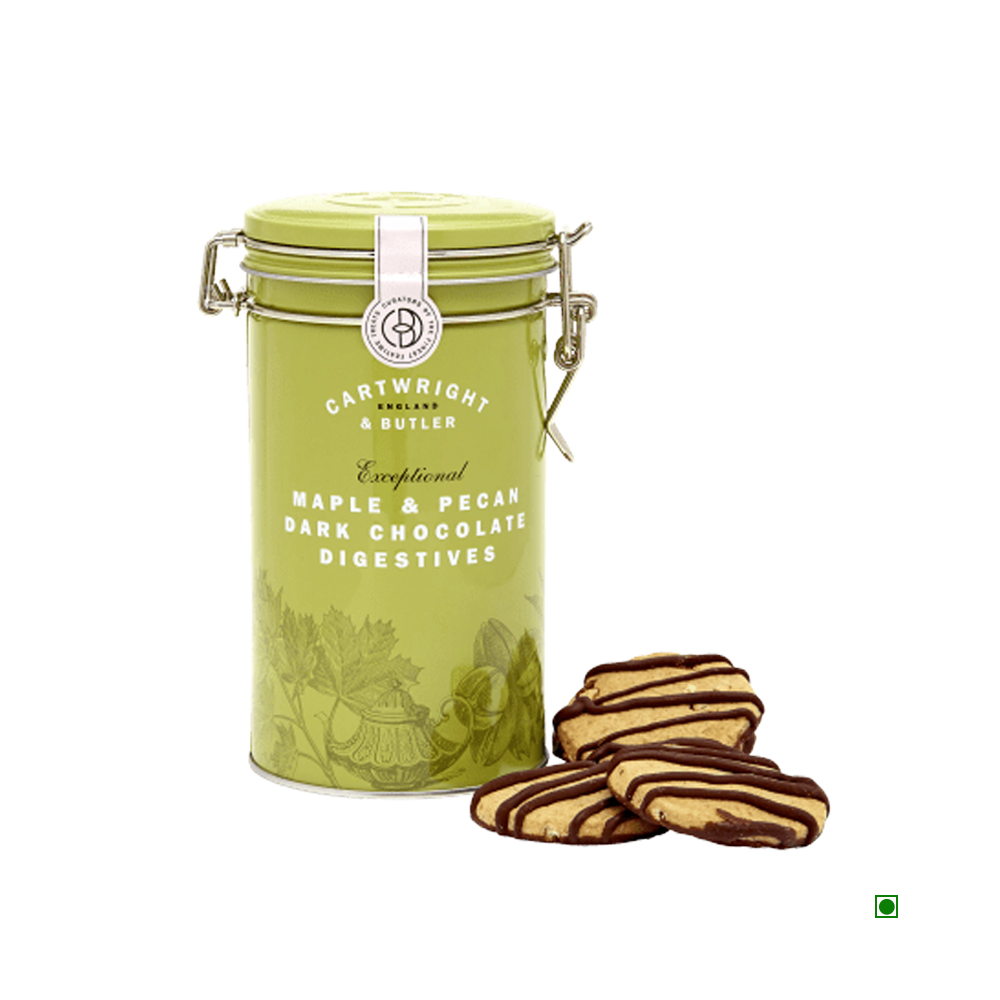 A Cartwright & Butler Maple & Pecan Dark Chocolate Digestives Tin 200g with a dark chocolate stripe.