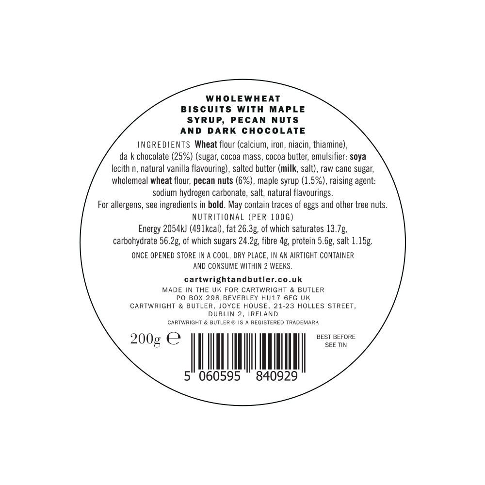An image showing the back label of a Cartwright & Butler Maple & Pecan Dark Chocolate Digestives Tin 200g with ingredient list, nutritional information, and barcodes.