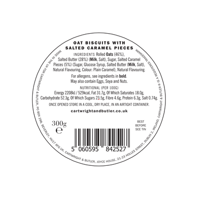 Label of Cartwright & Butler Sea Salted Caramel Oat Crumbles Tin 300g showing ingredients, nutritional information, and manufacturer details on a white background.