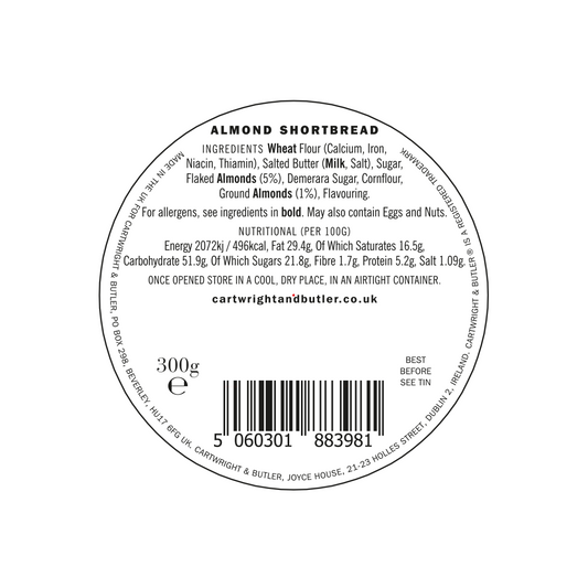 Label for Cartwright & Butler Almond Shortbread Rounds Tin 300g featuring a Great Taste Award. Includes ingredients such as ground almonds, nutritional info per 100g, and storage instructions. Best Before, net weight, barcode, and manufacturer's details also listed.