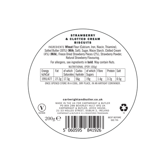 Backside of a Cartwright & Butler The British Collection - Strawberry & Clotted Cream Biscuits Tin 200g packaging showing nutritional information, ingredient list, and manufacturer details.