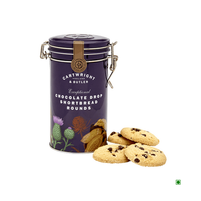A Cartwright & Butler Chocolate Drop Shortbread Rounds Tin 200g with milk chocolate pieces inside.