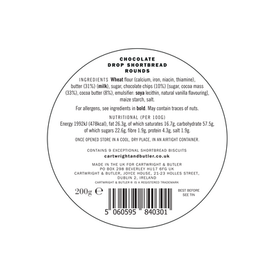 Back of a Cartwright & Butler Chocolate Drop Shortbread Rounds Tin 200g package displaying the ingredient list, nutritional information, manufacturer details, barcode, and highlighting its crumbly texture.
