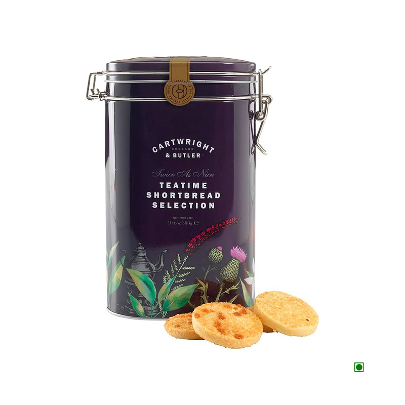 A Cartwright & Butler Salted Caramel Shortbreads Tin 200g with a purple background.