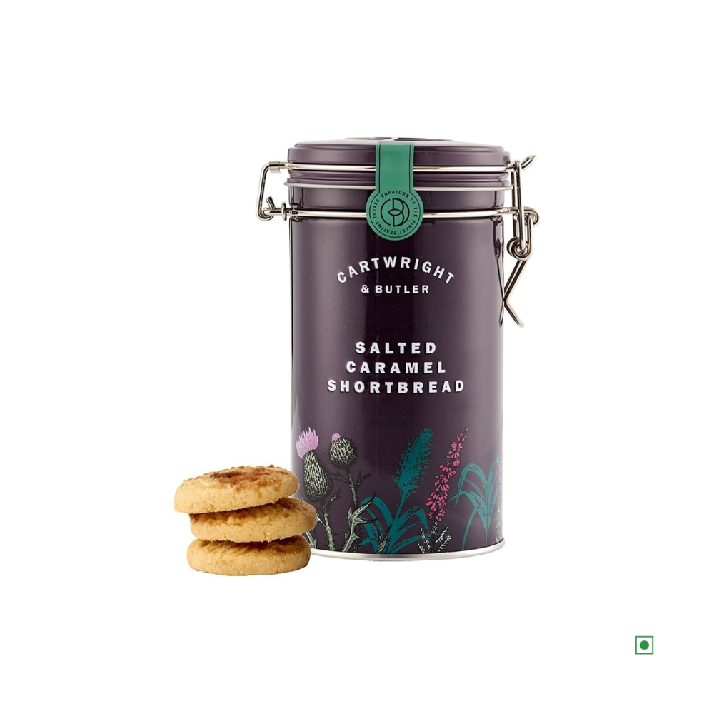 A purple tin from the UK contains Cartwright & Butler's delightful Salted Caramel Shortbreads, along with a tempting stack of three cookies.