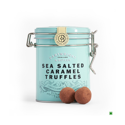 Indulge in these decadent chocolate truffles infused with sea salted caramel - a perfect gift idea, featuring Cartwright & Butler Sea salted truffles Tin 180g.