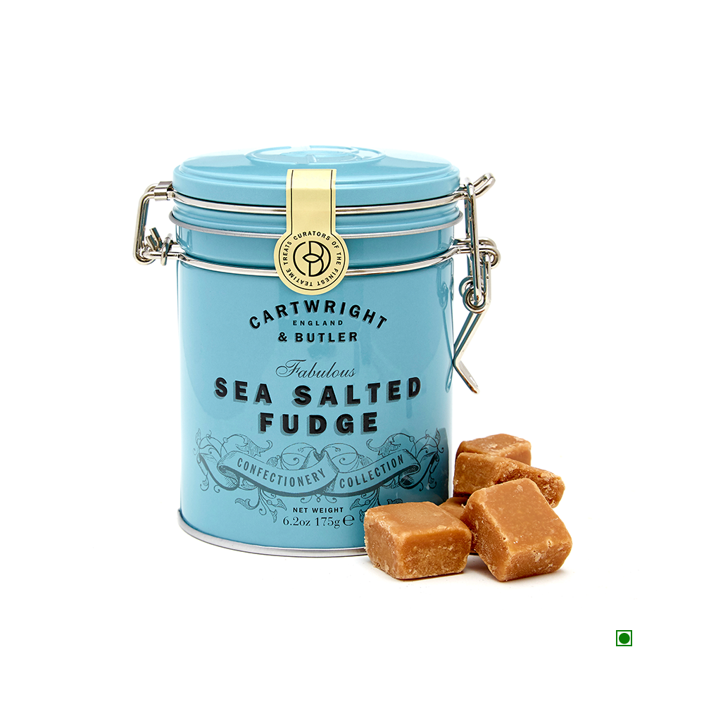 Gluten-free Cartwright & Butler Sea Salted Fudge Tin in a tin.