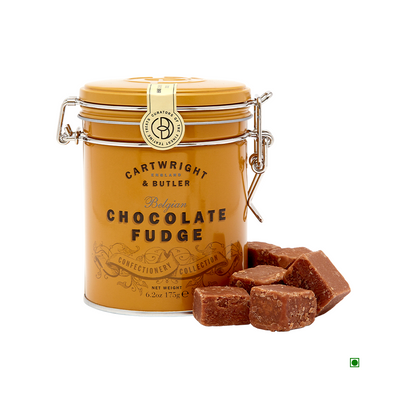 A metal tin of Cartwright & Butler Belgian Chocolate Fudge Tin 175g, with a cluster of classic fudge pieces beside it, against a white background.