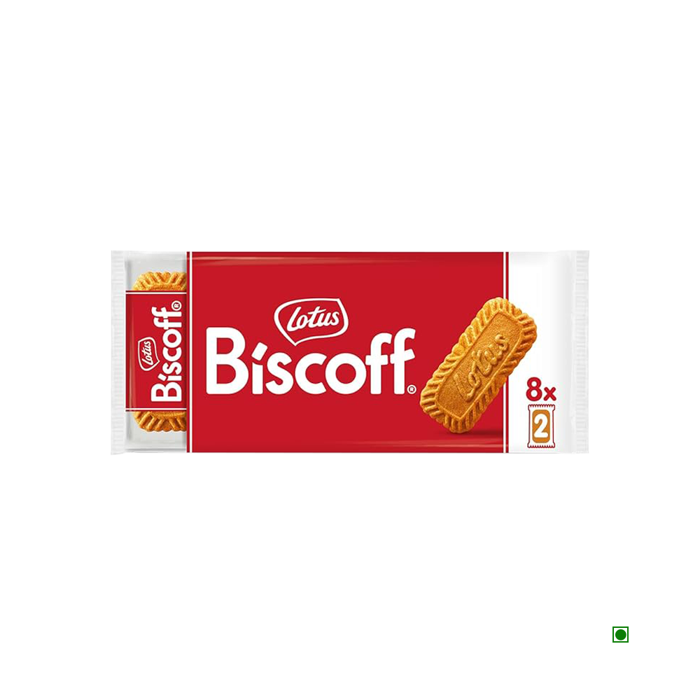 Lotus Biscoff 124g package showcasing their caramelized flavor, with eight individually wrapped pieces against a red background. These vegan-friendly Lotus Biscoff biscuits make the perfect snack.