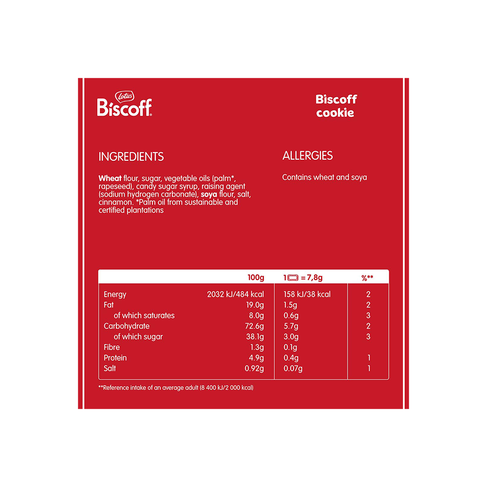 Explore the deep, caramelized flavor of Lotus Biscoff 124g, delectable vegan-friendly biscuits that now showcase their ingredients and nutrition information. Be aware of allergens such as wheat and soya, with nutritional details available both per 100g and per delightful cookie.