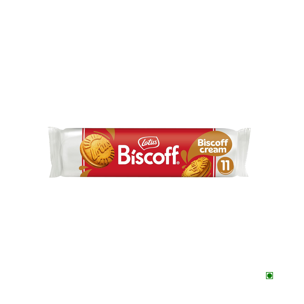 A 110g package of Lotus Biscoff Sandwich Biscoff Cream biscuits, showcasing the iconic logo and biscuit image on a red and white wrapper, is proudly vegan-friendly for everyone to enjoy.