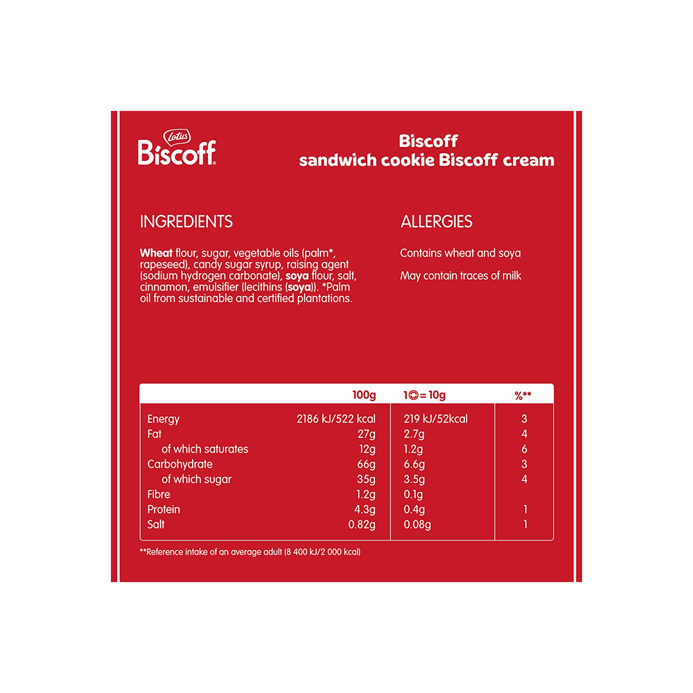 The Lotus Biscoff Sandwich Biscoff Cream 110g features red packaging and is filled with creamy Biscoff. It is vegan-friendly, with ingredients, allergy information, and nutritional values detailed on the back.