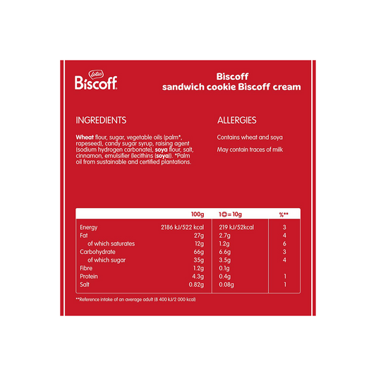 The Lotus Biscoff Sandwich Biscoff Cream 110g features red packaging and is filled with creamy Biscoff. It is vegan-friendly, with ingredients, allergy information, and nutritional values detailed on the back.