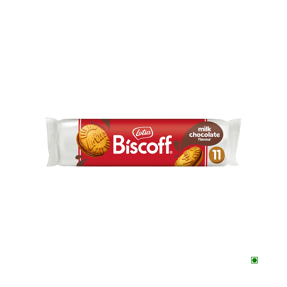 A package of Lotus Biscoff Sandwich Chocolate 110g biscuits with vegan-friendly chocolate cream.