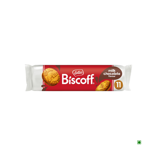 The eye-catching white and red packaging of the Lotus Biscoff Sandwich Chocolate 110g showcases enticing images of delicious chocolate cream-filled Biscoff cookies, complete with a green symbol at the bottom right.