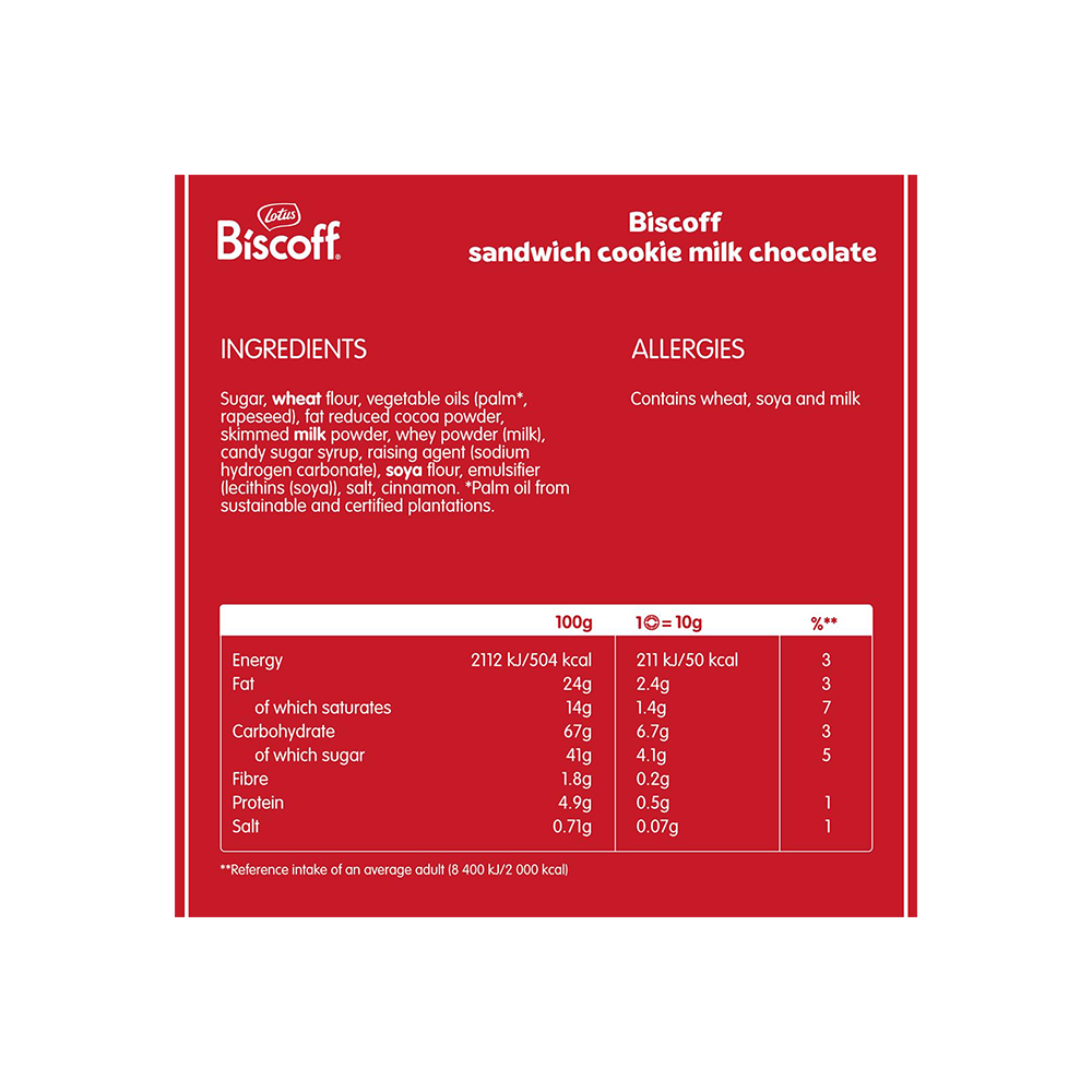 Packaging of Lotus Biscoff Sandwich Chocolate 110g, showing ingredients, allergens, and nutritional information on a red background.