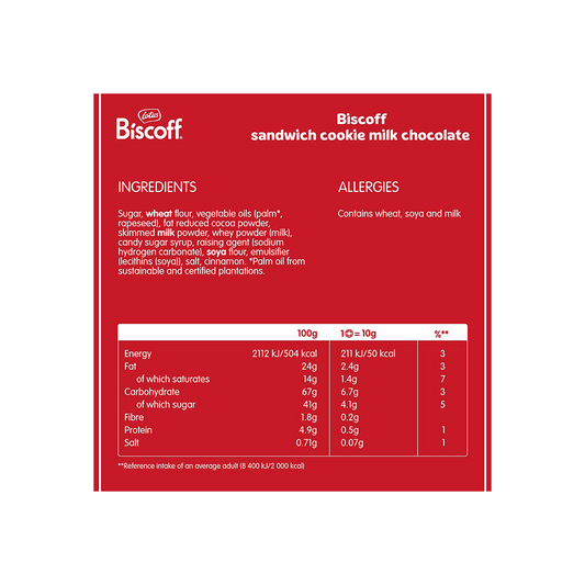 Label for Lotus Biscoff Sandwich Chocolate 110g featuring ingredients, allergens (wheat, soya, milk), and nutritional information per 100g and per 10g. Enjoy the decadent chocolate cream filling that enhances the classic taste of Lotus Biscoff cookies.