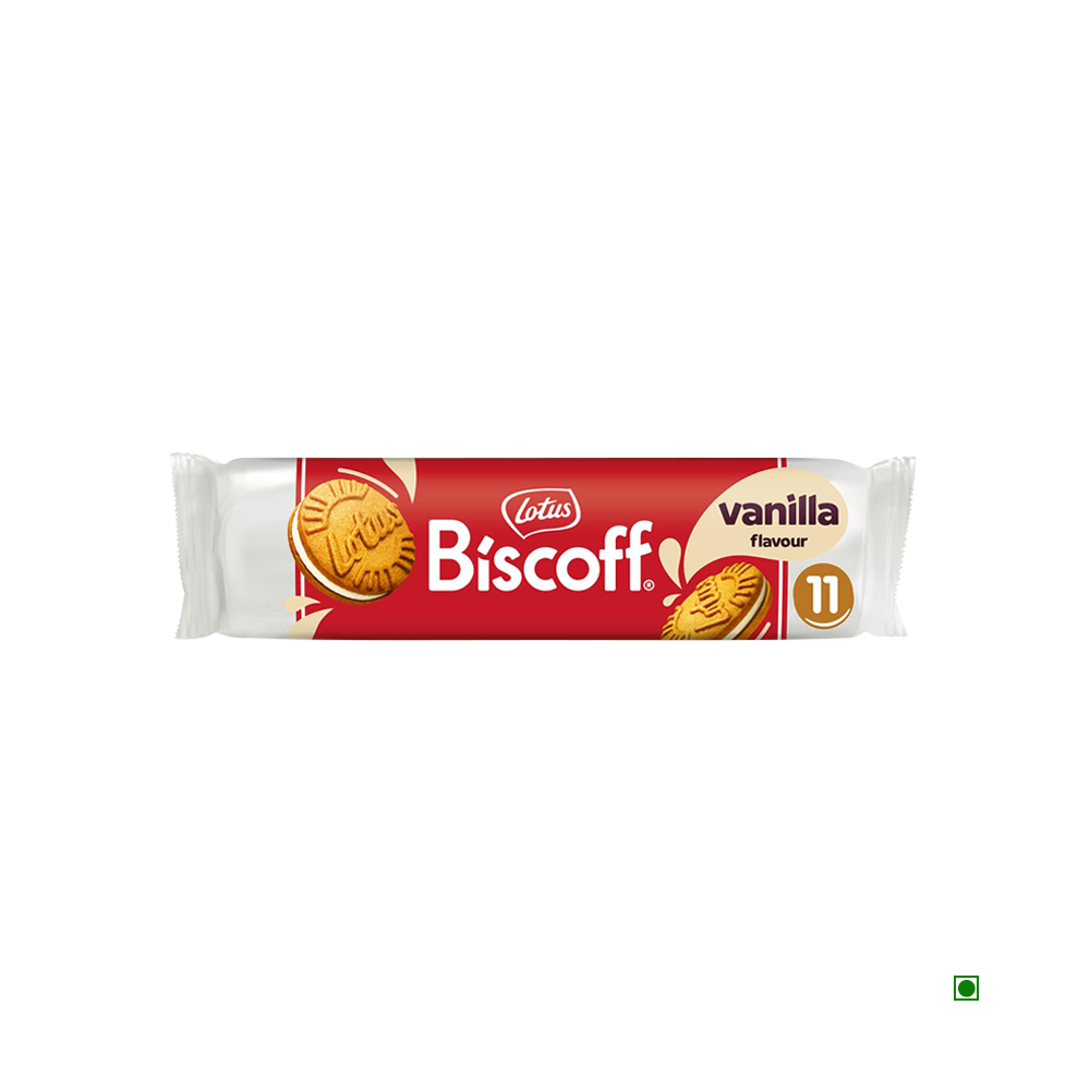 A pack of Lotus Biscoff Sandwich Vanilla 110g biscuits featuring a red and white design, prominently showcasing the brand logo and "11" on the packaging.